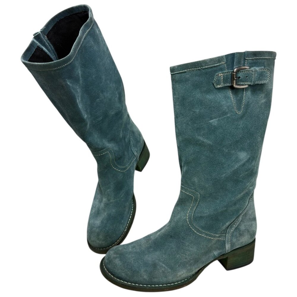 Strategia Teal Suede Mid Calf Biker Boots Made‎ in italy